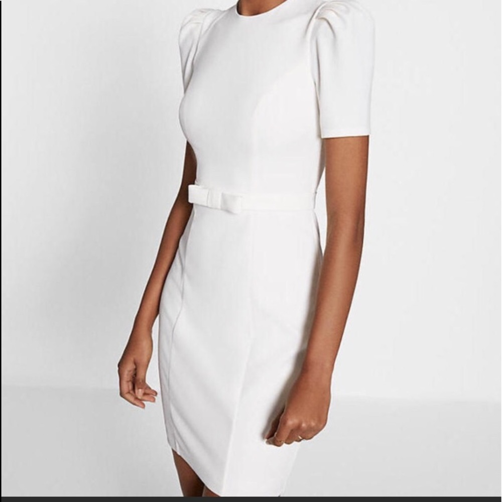 NEW Express PUFF SLEEVE BELTED SHEATH DRESS White